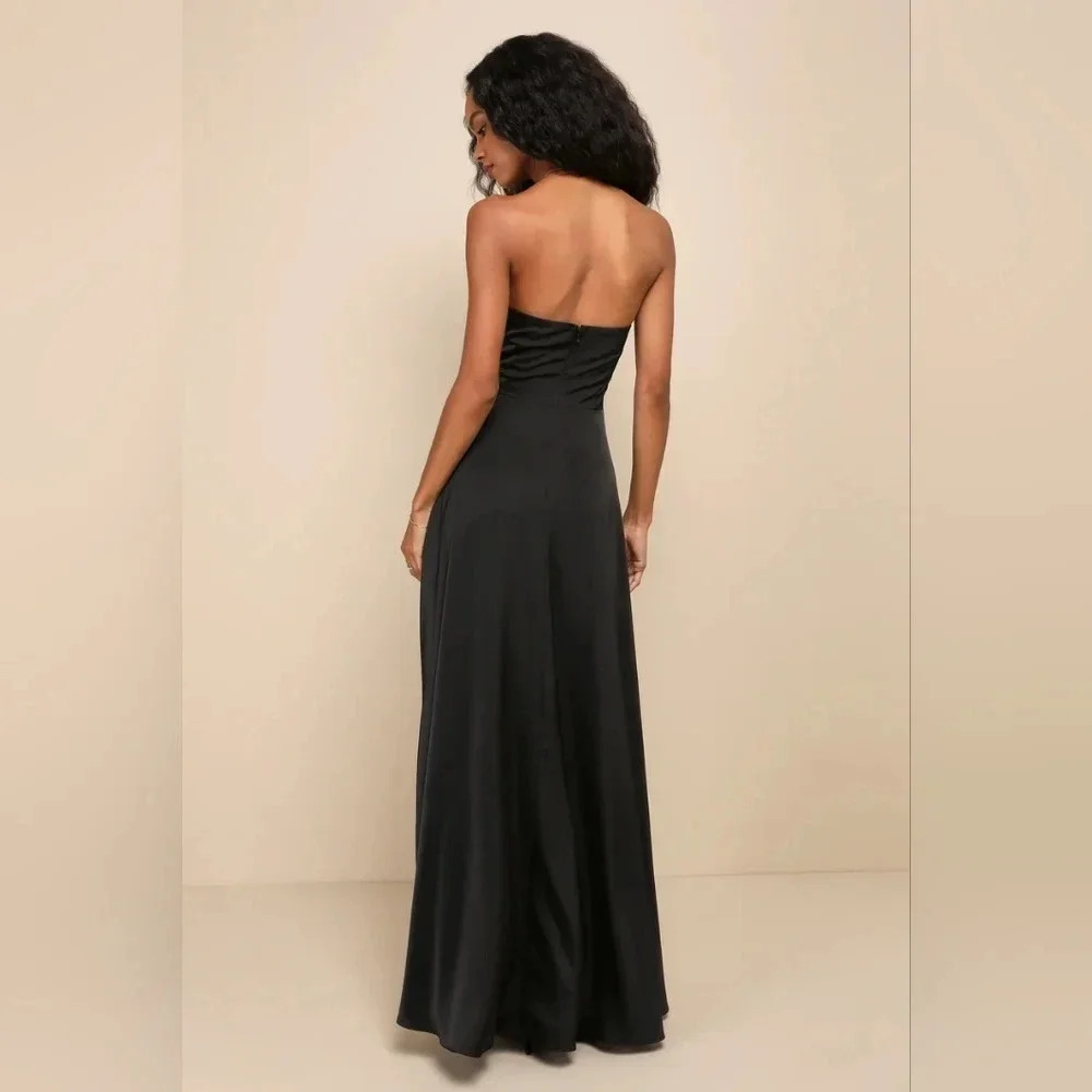 Lulu's Upscale Poise Black Satin Bow Strapless Maxi Dress Wedding Party Guest - Picture 5 of 12
